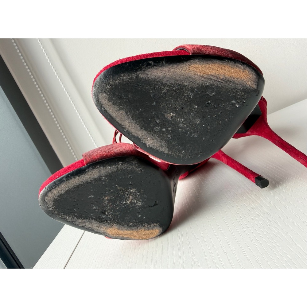 Giuseppe Zanotti Red Suede Metallic Satin Cage Stiletto Sandals Heels Size 38 - Picture 5 of 12